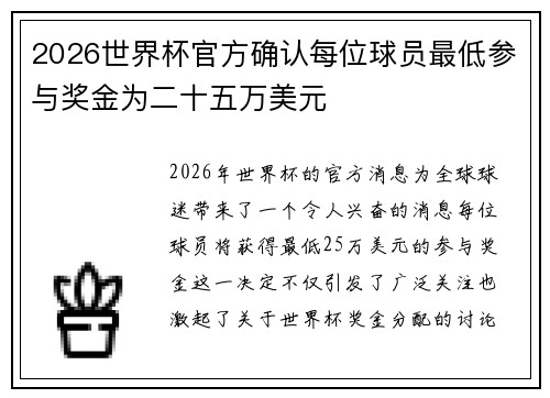 2026世界杯官方确认每位球员最低参与奖金为二十五万美元