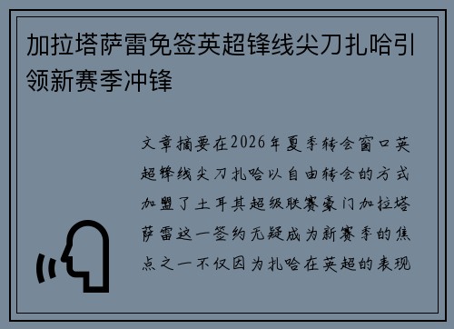 加拉塔萨雷免签英超锋线尖刀扎哈引领新赛季冲锋